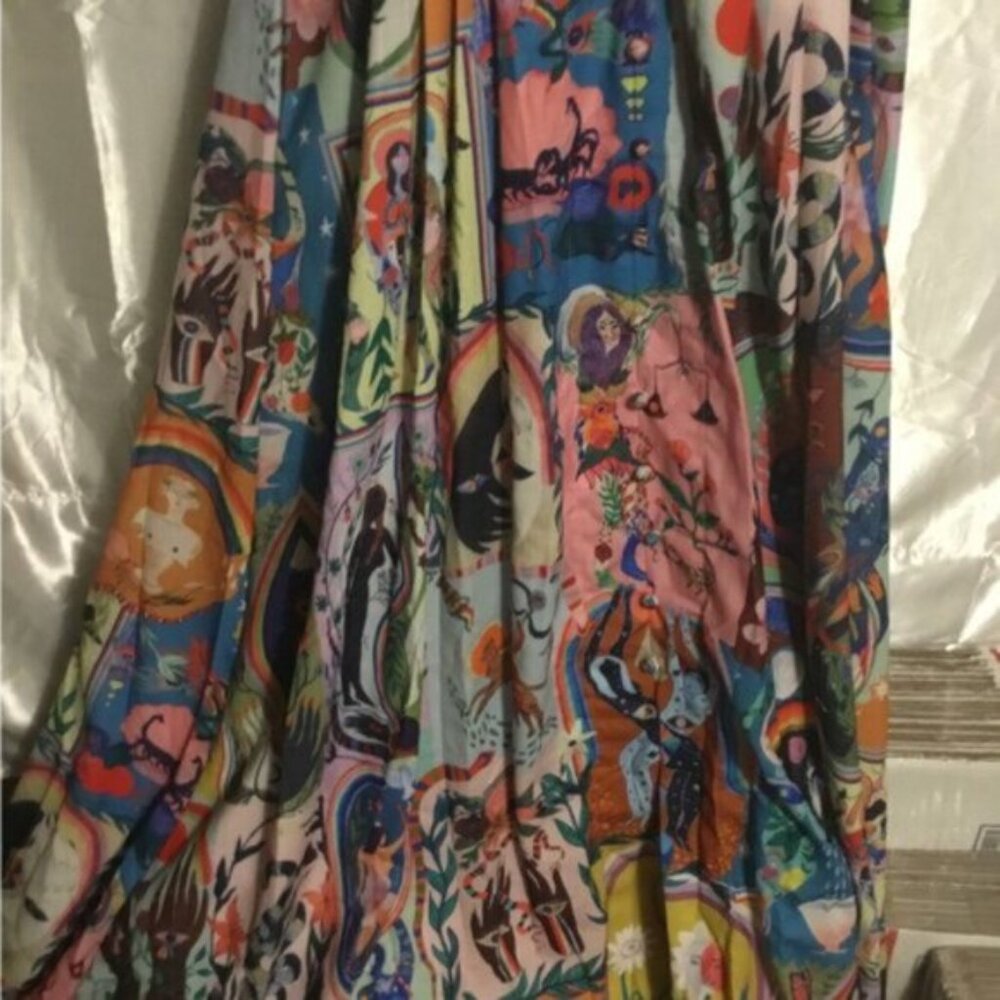 Green Art Puff Sleeve Corset Linen Abstract Floral A- Line Midi Dress XL - Picture 13 of 16